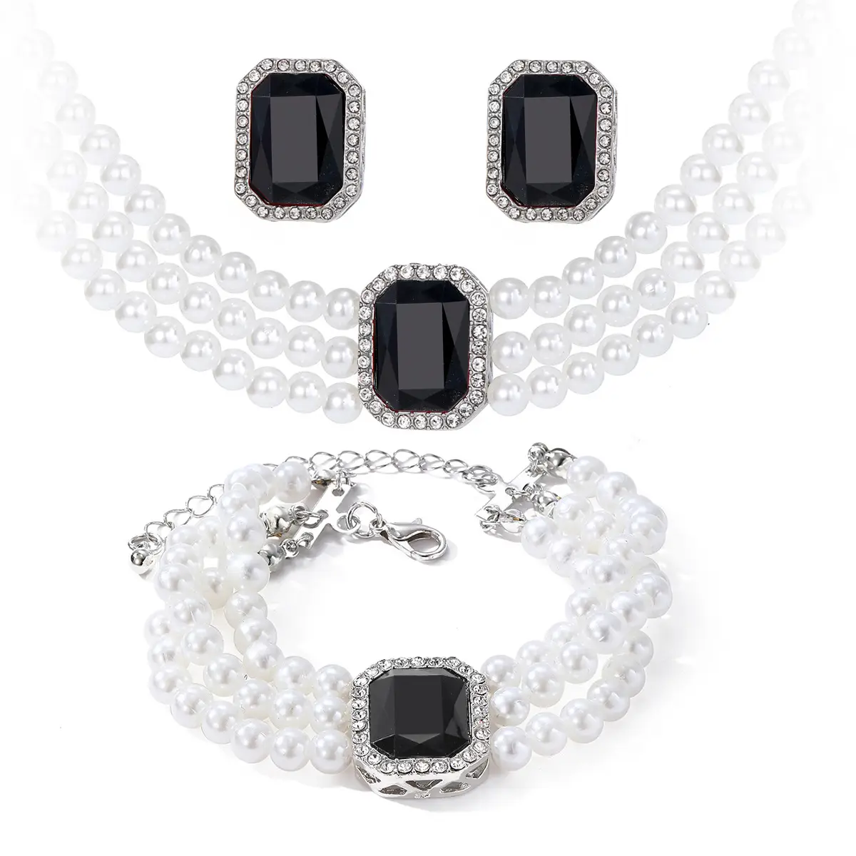 Luxury Multi-Layer Pearl Necklace Set with Black Gemstones - Image 11