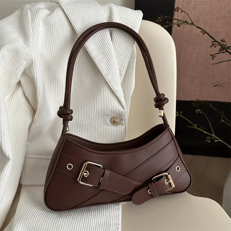 Women's Brown Leather Shoulder Bag with Gold Buckle - Image 8