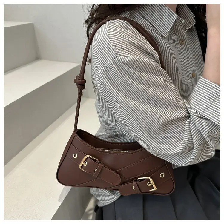 Women's Brown Leather Shoulder Bag with Gold Buckle — feature 17