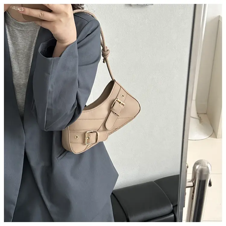 Women's Brown Leather Shoulder Bag with Gold Buckle — feature 19