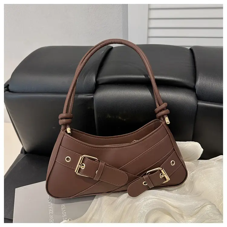 Women's Brown Leather Shoulder Bag with Gold Buckle — feature 34