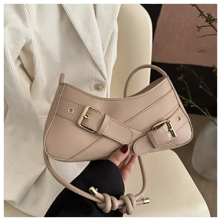 Women's Brown Leather Shoulder Bag with Gold Buckle - Image 3