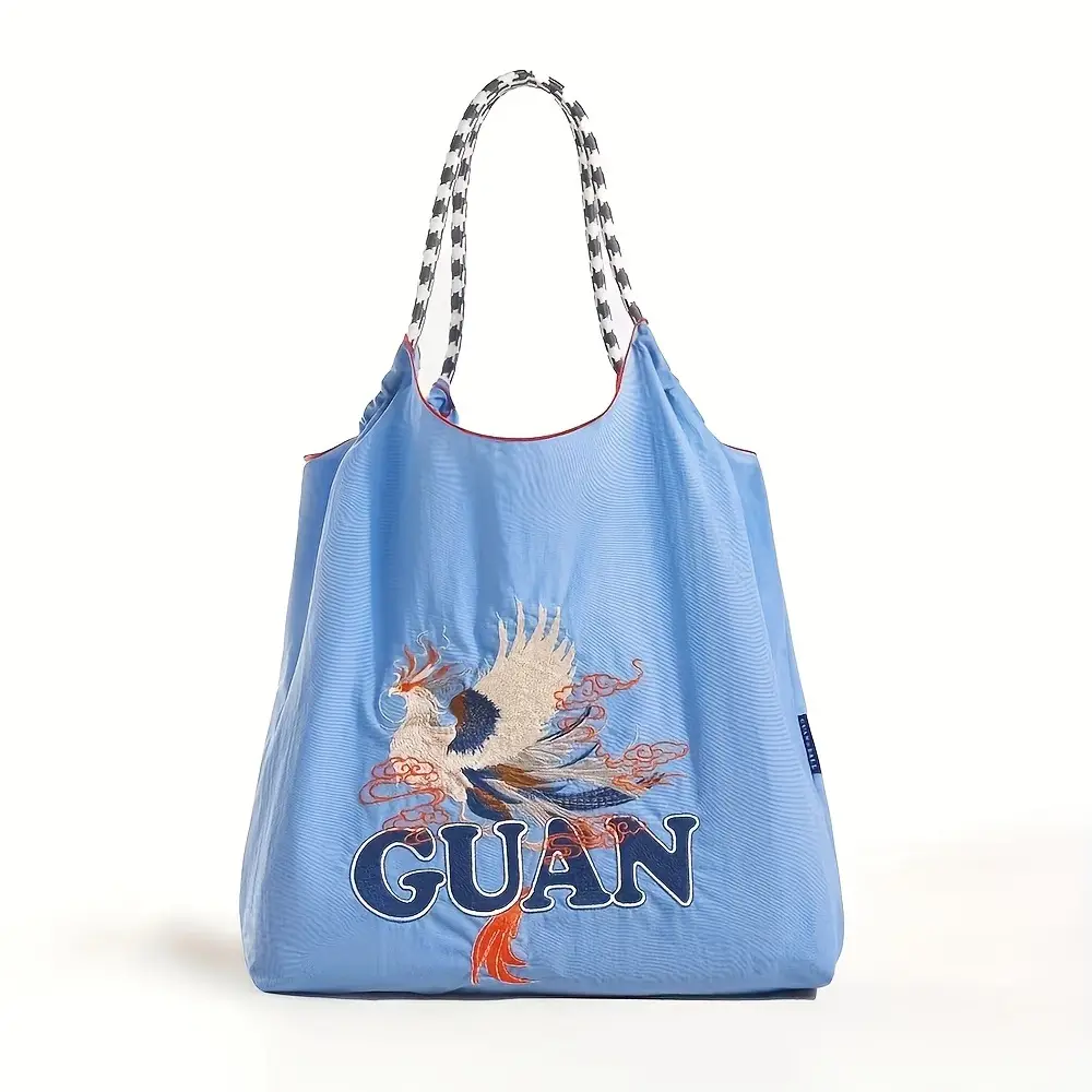 Japanese Style Blue Embroidered Nylon Tote Bags for Women - Image 2