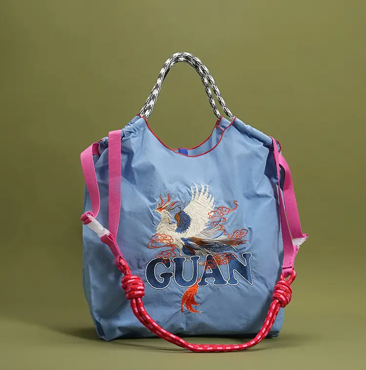 Japanese Style Blue Embroidered Nylon Tote Bags for Women — feature 8