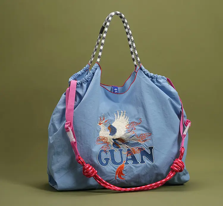Japanese Style Blue Embroidered Nylon Tote Bags for Women — feature 9
