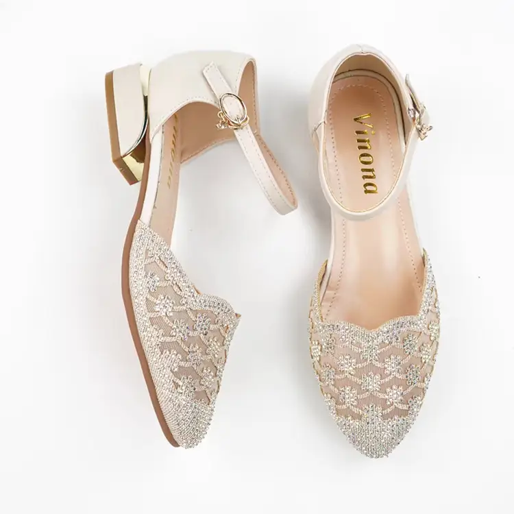 Sandals Women's Summer New Baotou Middle Heeled Shoes Middle-aged Women's Rhinestone Mesh Women's Shoes Hollow Single-layer Shoes Moms Shoes