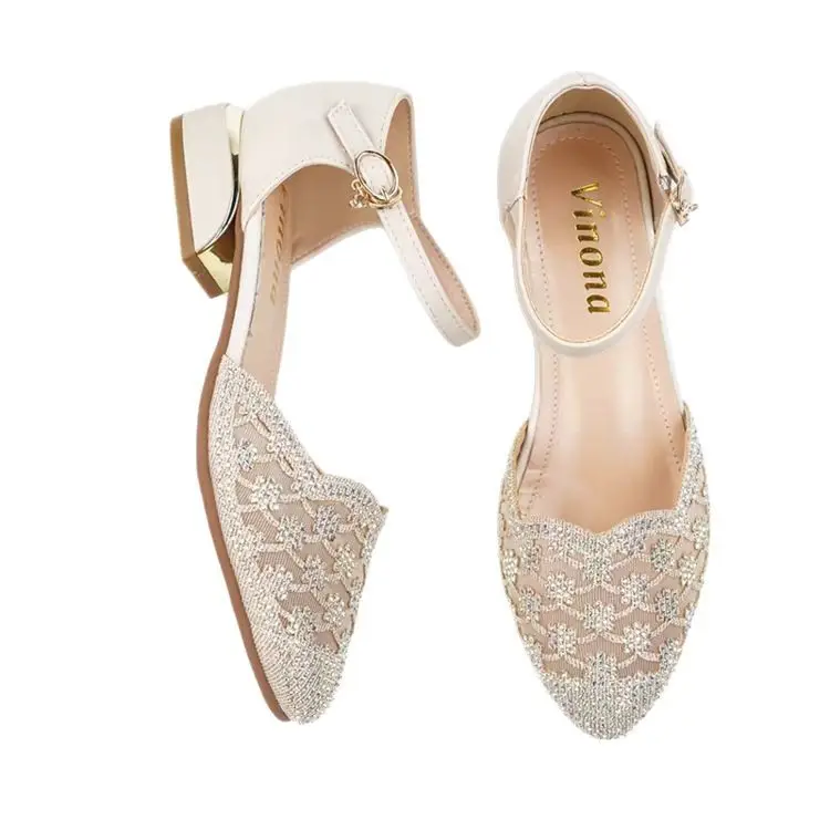 Sandals Women's Summer New Baotou Middle Heeled Shoes Middle-aged Women's Rhinestone Mesh Women's Shoes Hollow Single-layer Shoes Moms Shoes
