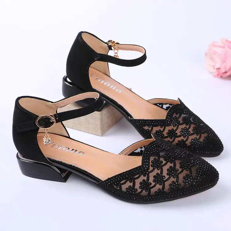 Sandals Women's Summer New Baotou Middle Heeled Shoes Middle-aged Women's Rhinestone Mesh Women's Shoes Hollow Single-layer Shoes Moms Shoes — feature 11