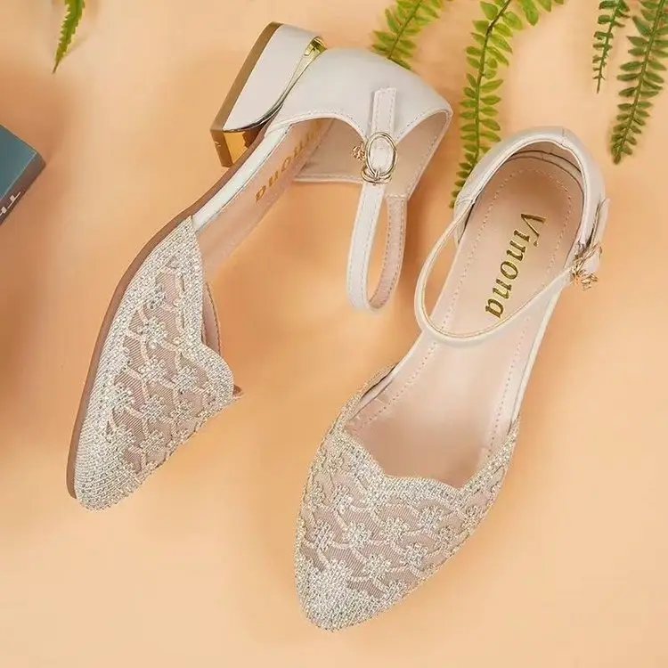 Sandals Women's Summer New Baotou Middle Heeled Shoes Middle-aged Women's Rhinestone Mesh Women's Shoes Hollow Single-layer Shoes Moms Shoes — feature 4