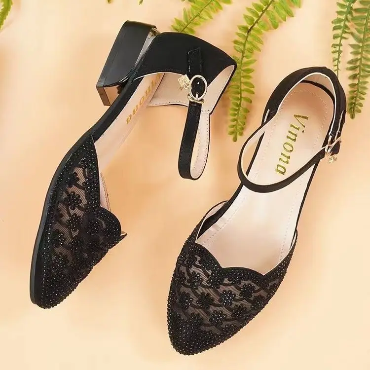 Sandals Women's Summer New Baotou Middle Heeled Shoes Middle-aged Women's Rhinestone Mesh Women's Shoes Hollow Single-layer Shoes Moms Shoes — feature 5