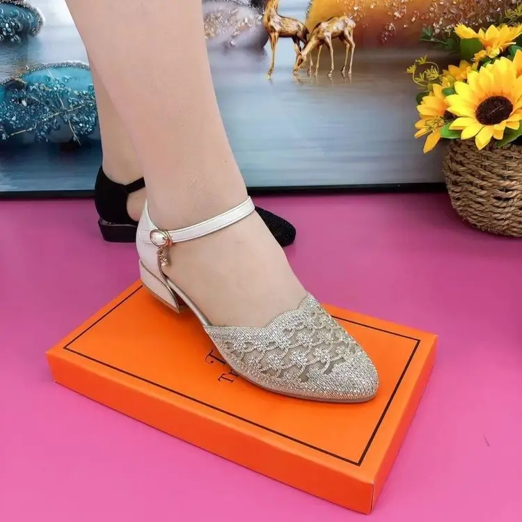 Sandals Women's Summer New Baotou Middle Heeled Shoes Middle-aged Women's Rhinestone Mesh Women's Shoes Hollow Single-layer Shoes Moms Shoes — feature 6