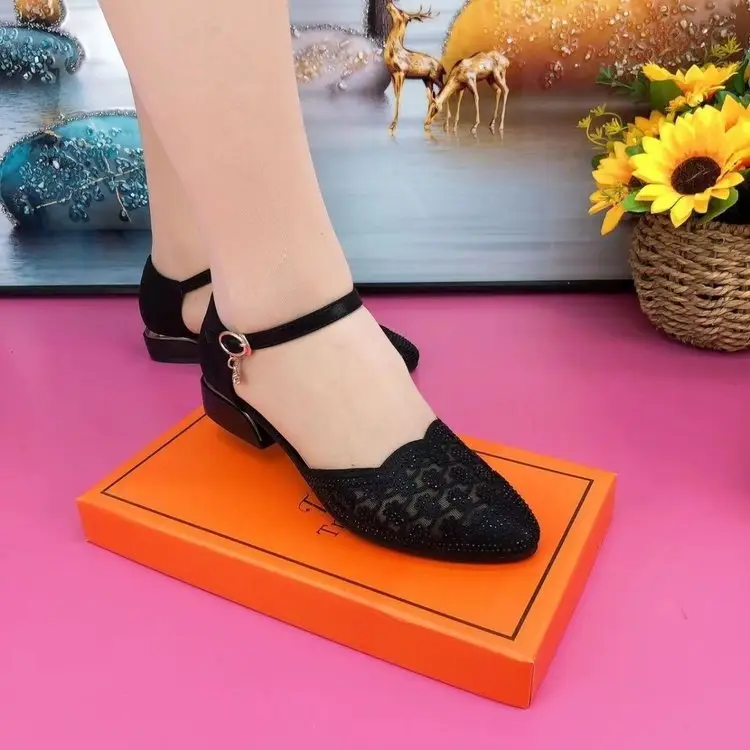 Sandals Women's Summer New Baotou Middle Heeled Shoes Middle-aged Women's Rhinestone Mesh Women's Shoes Hollow Single-layer Shoes Moms Shoes — feature 8