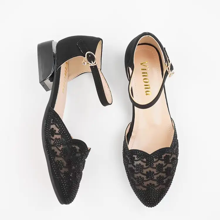 Sandals Women's Summer New Baotou Middle Heeled Shoes Middle-aged Women's Rhinestone Mesh Women's Shoes Hollow Single-layer Shoes Moms Shoes — feature 9