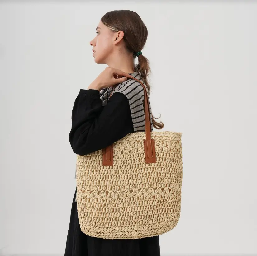 Women's Handwoven Straw Tote Bag with White Embroidery - Image 4