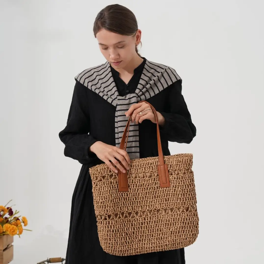 Women's Handwoven Straw Tote Bag with White Embroidery - Image 5