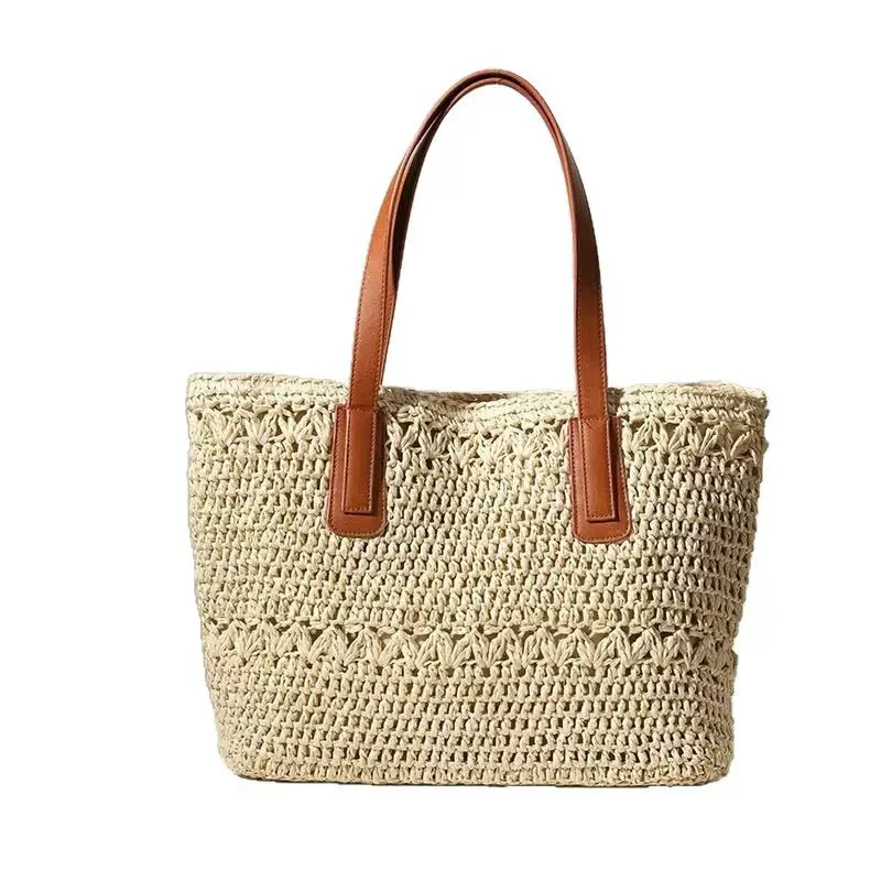 Women's Handwoven Straw Tote Bag with White Embroidery - Image 7