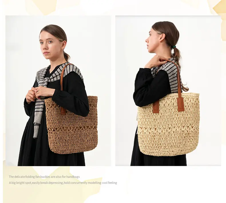 Women's Handwoven Straw Tote Bag with White Embroidery — feature 8