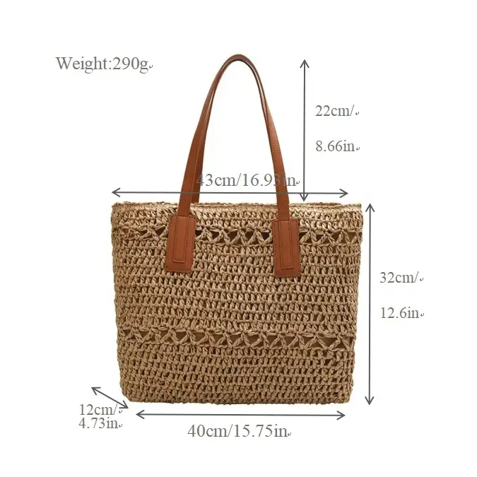 Women's Handwoven Straw Tote Bag with White Embroidery - Image 2