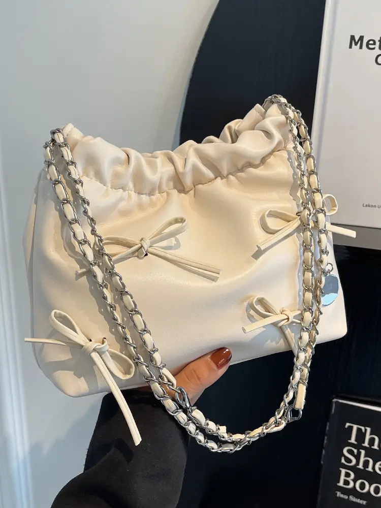 Silver Korean Style Chain Bow Tote Bag for Women - Image 6