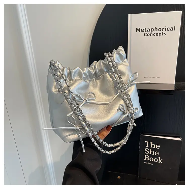 Silver Korean Style Chain Bow Tote Bag for Women — feature 28