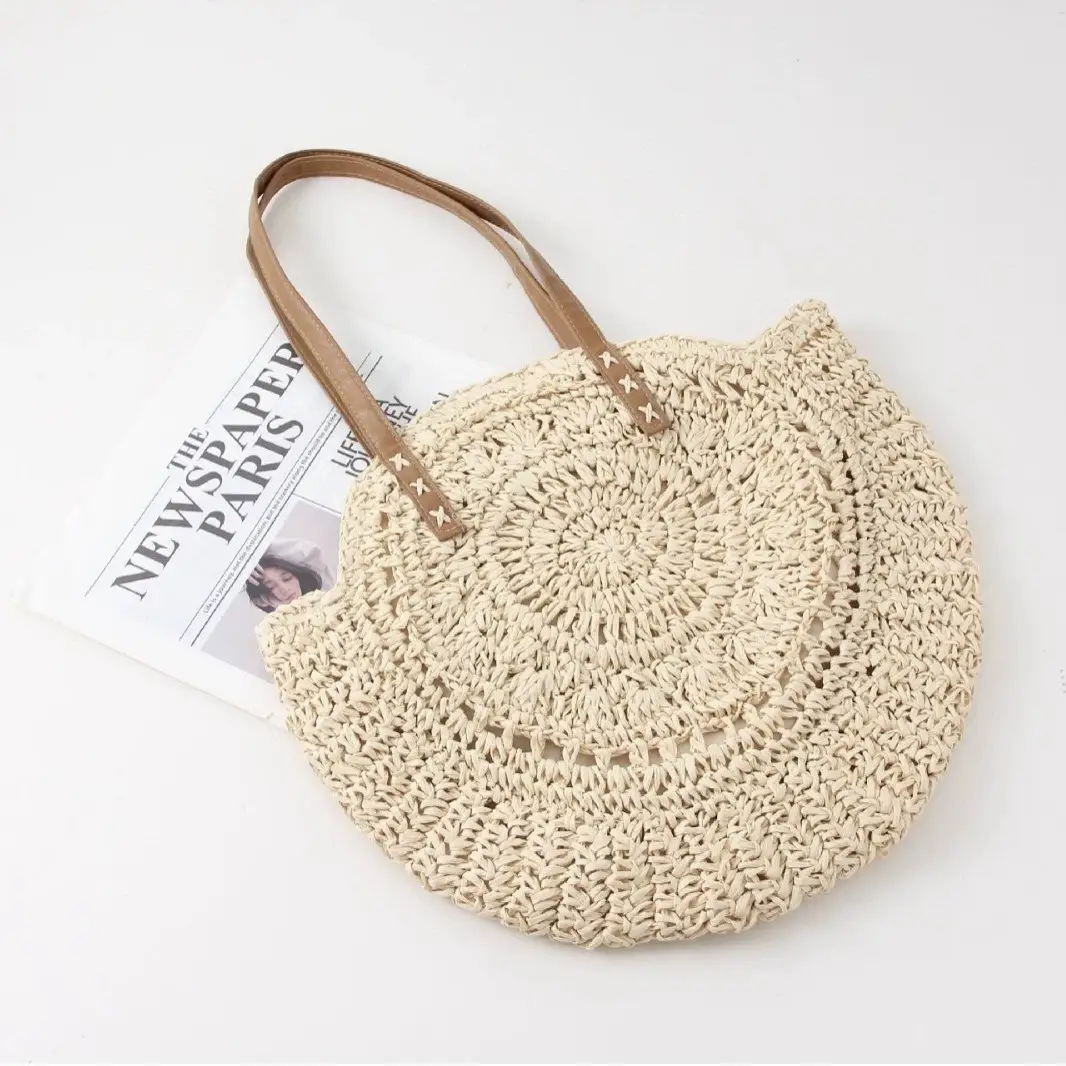Handmade Straw Woven Bag Summer New Round Casual Woven Bag Bohemian Beach Portable Shoulder Paper Woven Bag - Image 6
