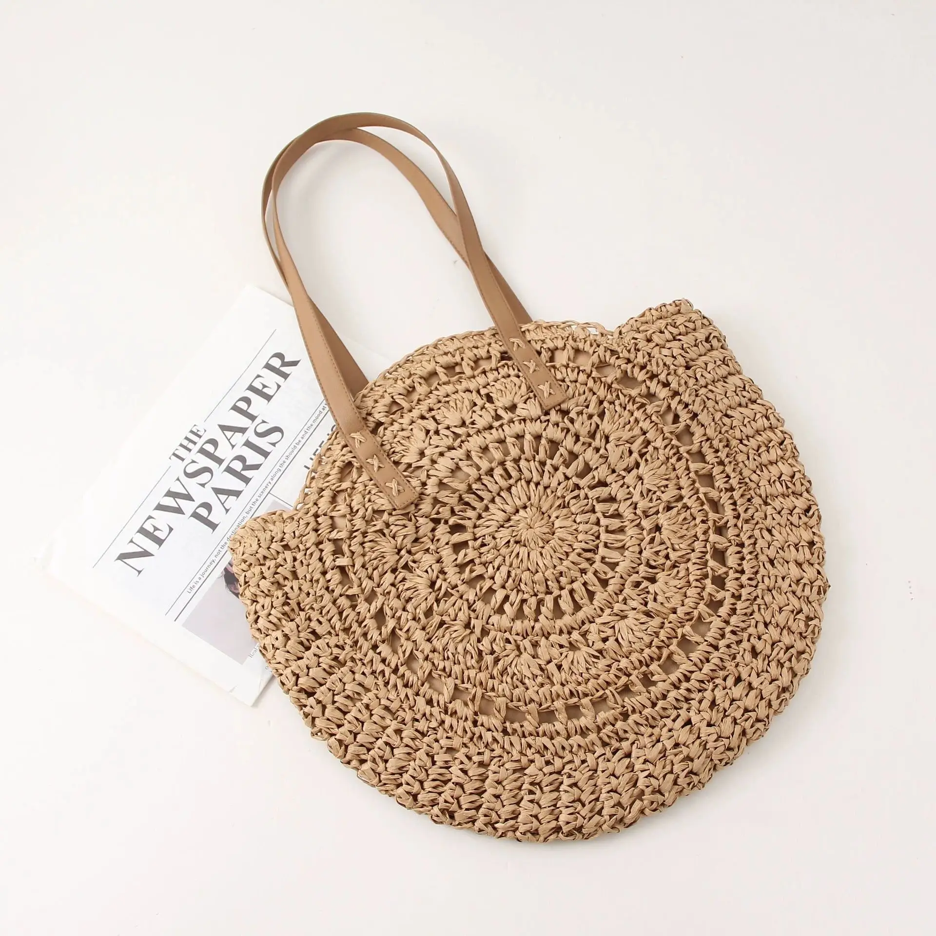 Handmade Straw Woven Bag Summer New Round Casual Woven Bag Bohemian Beach Portable Shoulder Paper Woven Bag - Image 4