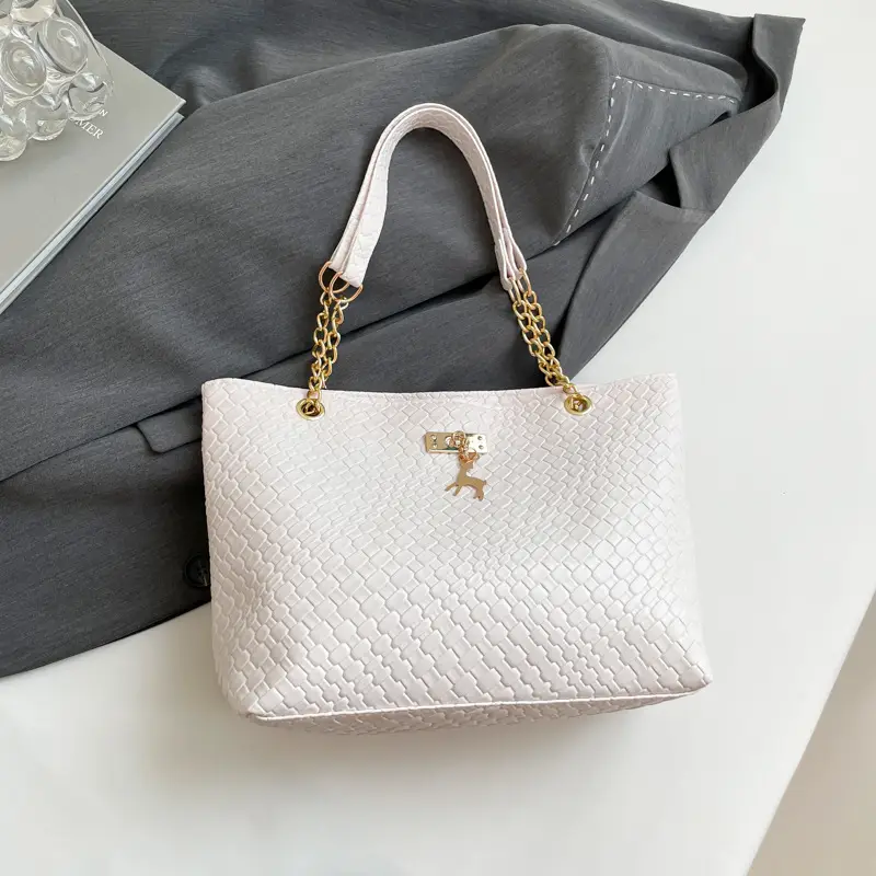 White Women's Shoulder Bag with Gold Chain & Pony Design - Image 2