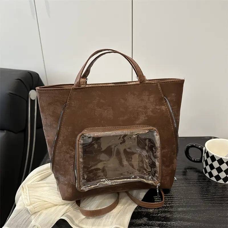 Brown Suede Shoulder Tote Bag with Clear Window for Women - Image 6