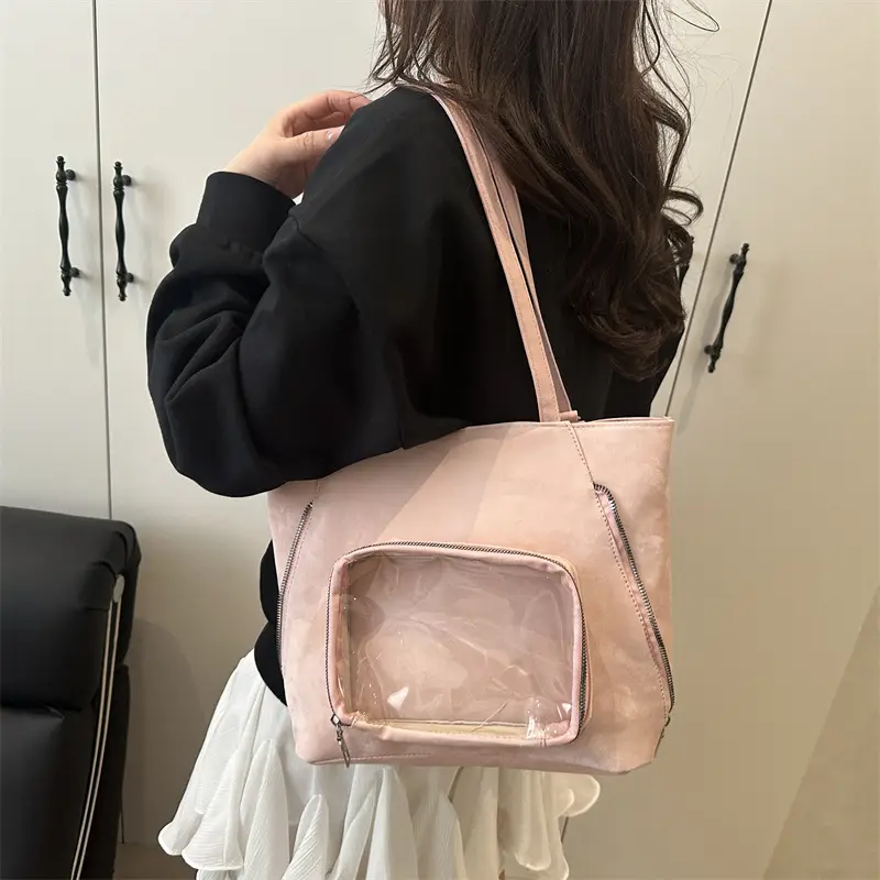 Brown Suede Shoulder Tote Bag with Clear Window for Women - Image 7