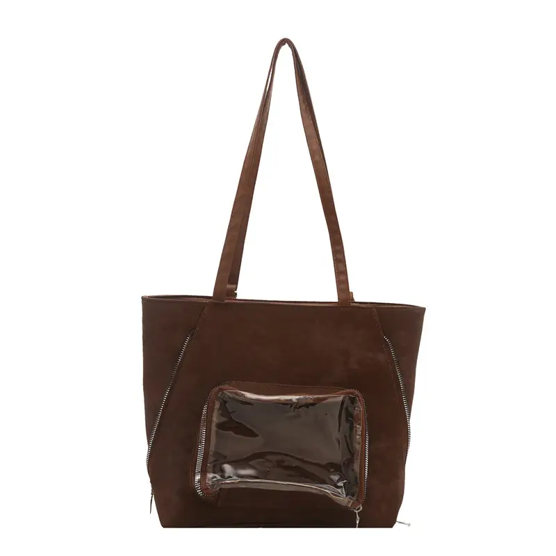 Brown Suede Shoulder Tote Bag with Clear Window for Women - Image 10