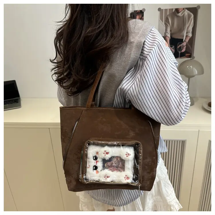 Brown Suede Shoulder Tote Bag with Clear Window for Women — feature 17