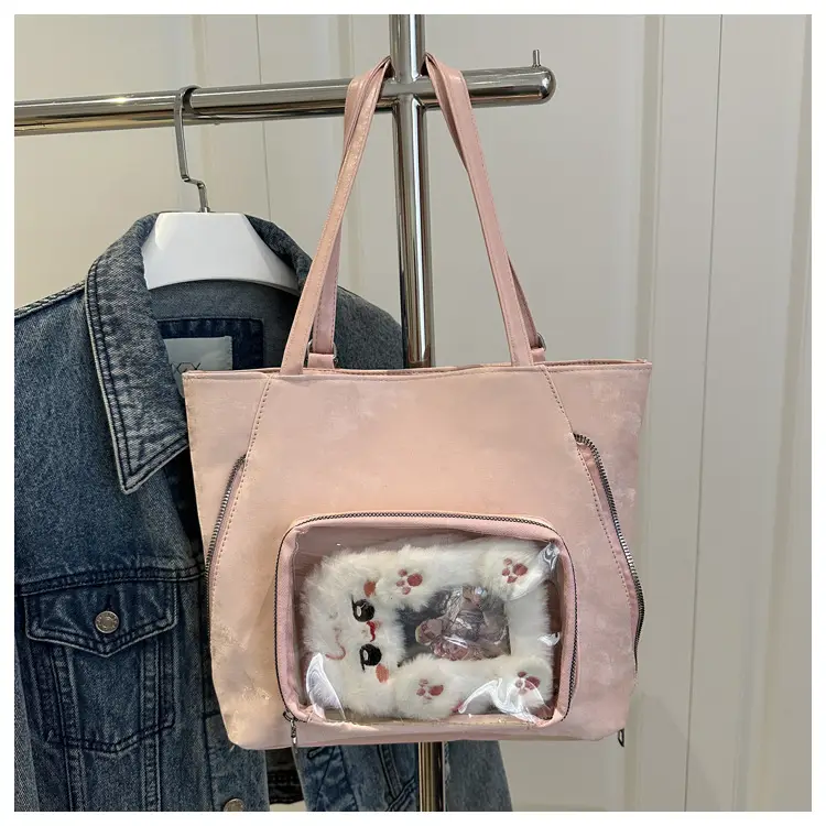 Brown Suede Shoulder Tote Bag with Clear Window for Women — feature 22