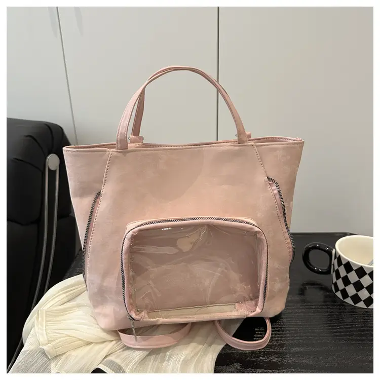 Brown Suede Shoulder Tote Bag with Clear Window for Women — feature 28