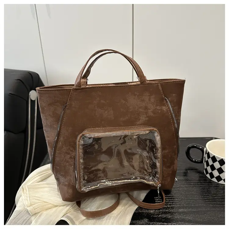 Brown Suede Shoulder Tote Bag with Clear Window for Women - Image 3