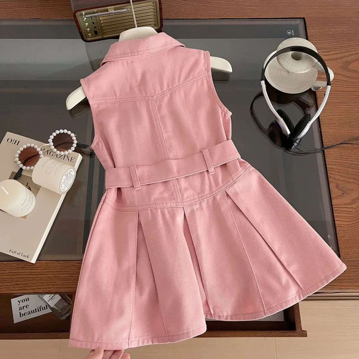 Girls Pink Sleeveless Belted Dress with Button Front - Image 3