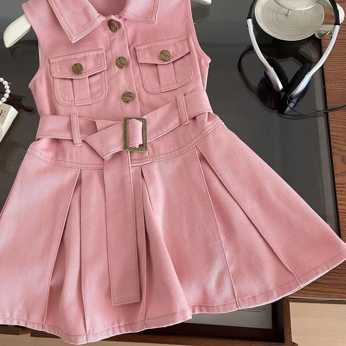 Girls Pink Sleeveless Belted Dress with Button Front - Image 4
