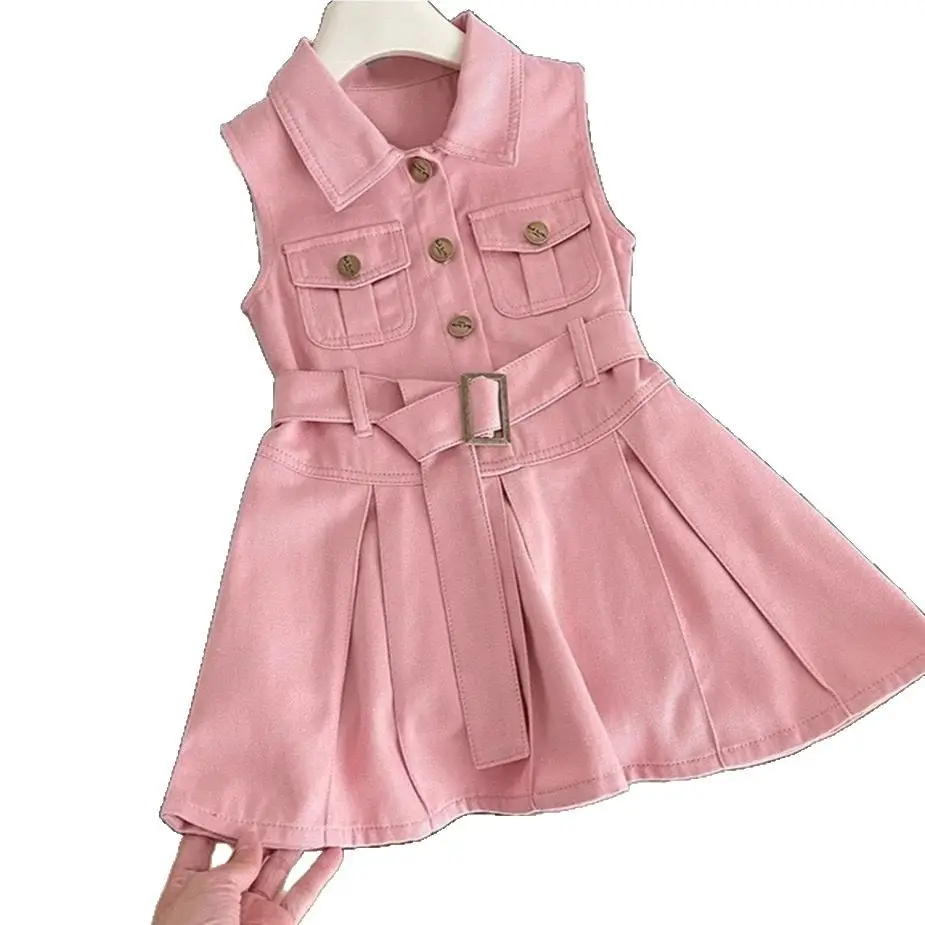 Girls Pink Sleeveless Belted Dress with Button Front - Image 6