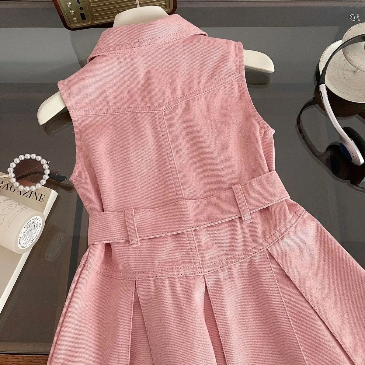Girls Pink Sleeveless Belted Dress with Button Front — feature 3