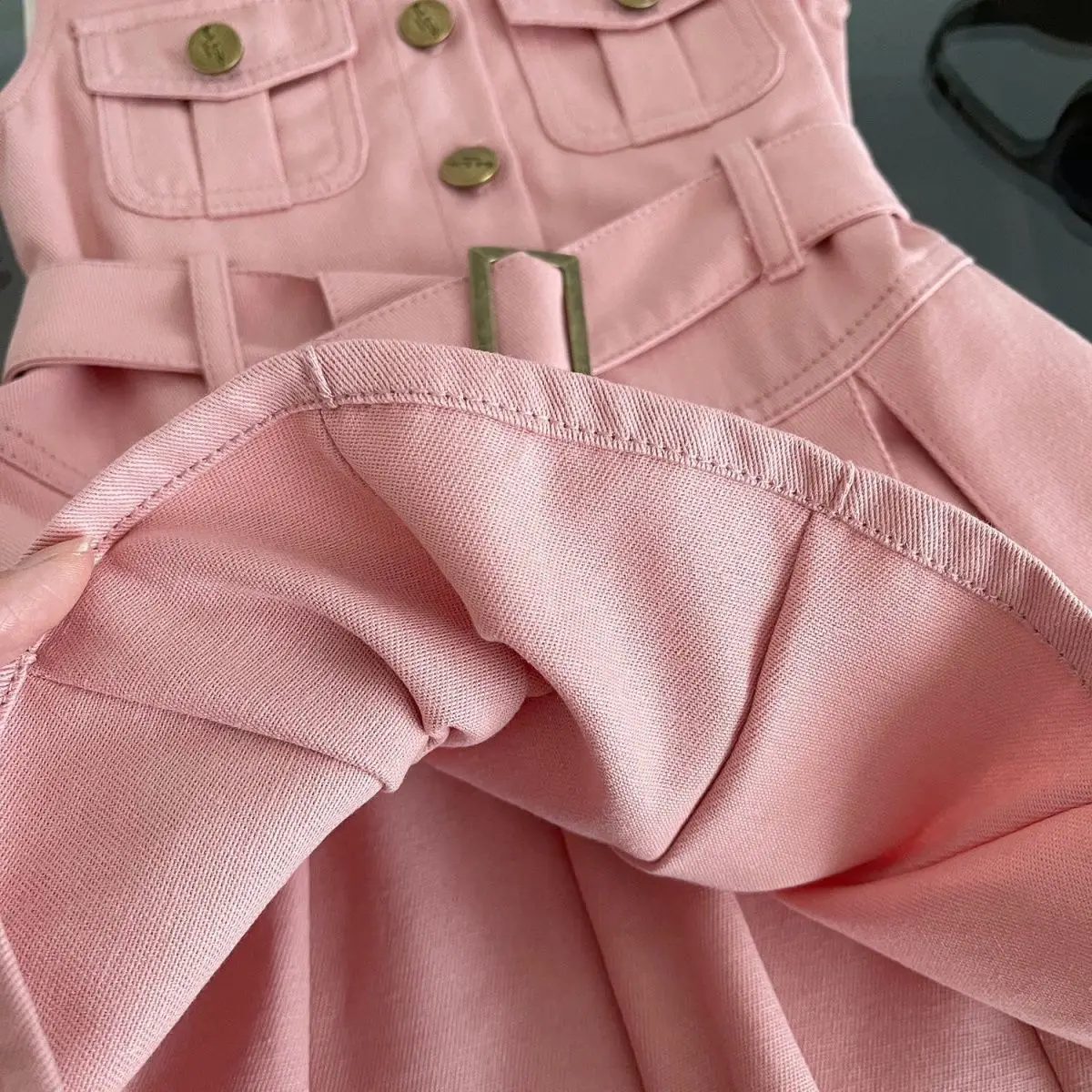 Girls Pink Sleeveless Belted Dress with Button Front — feature 4