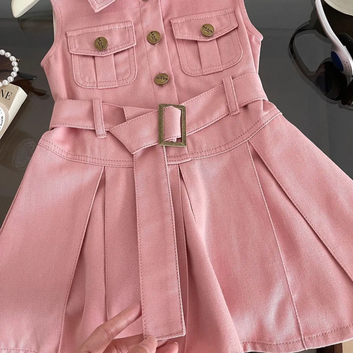 Girls Pink Sleeveless Belted Dress with Button Front — feature 5