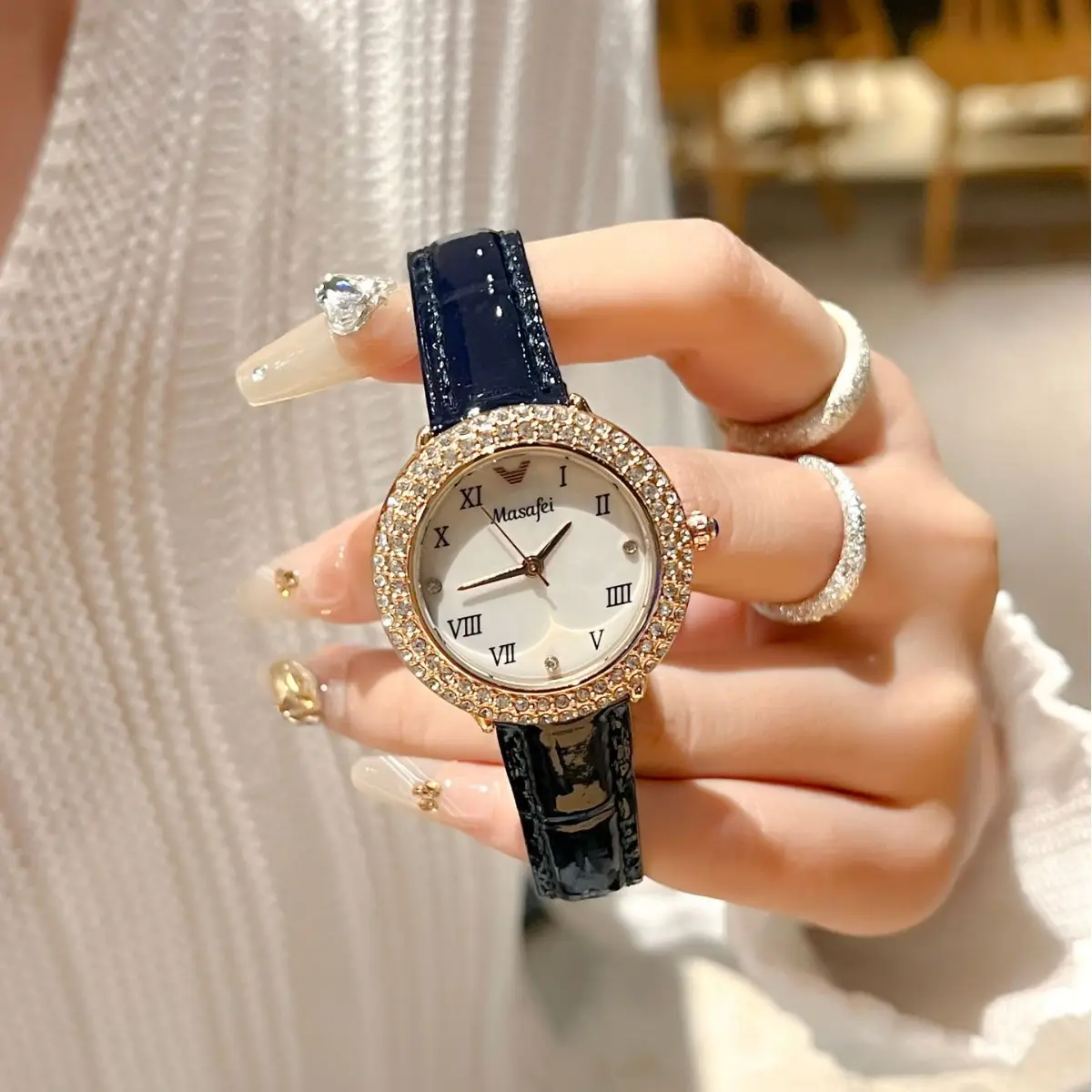 Women's Diamond-Encrusted Waterproof Watch with Black Leather Band - Image 2