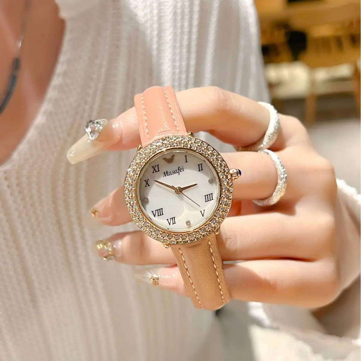 Women's Diamond-Encrusted Waterproof Watch with Black Leather Band - Image 3