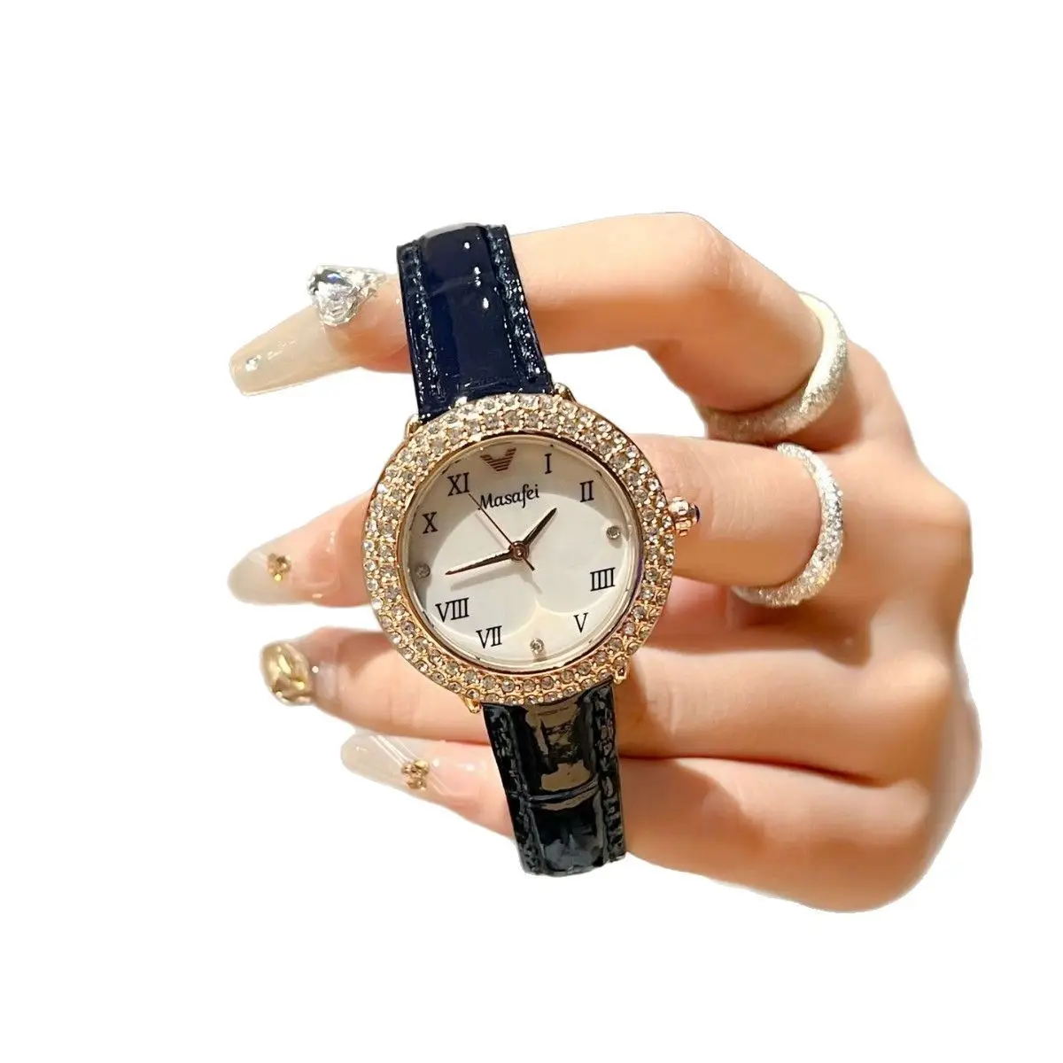 Women's Diamond-Encrusted Waterproof Watch with Black Leather Band - Image 5
