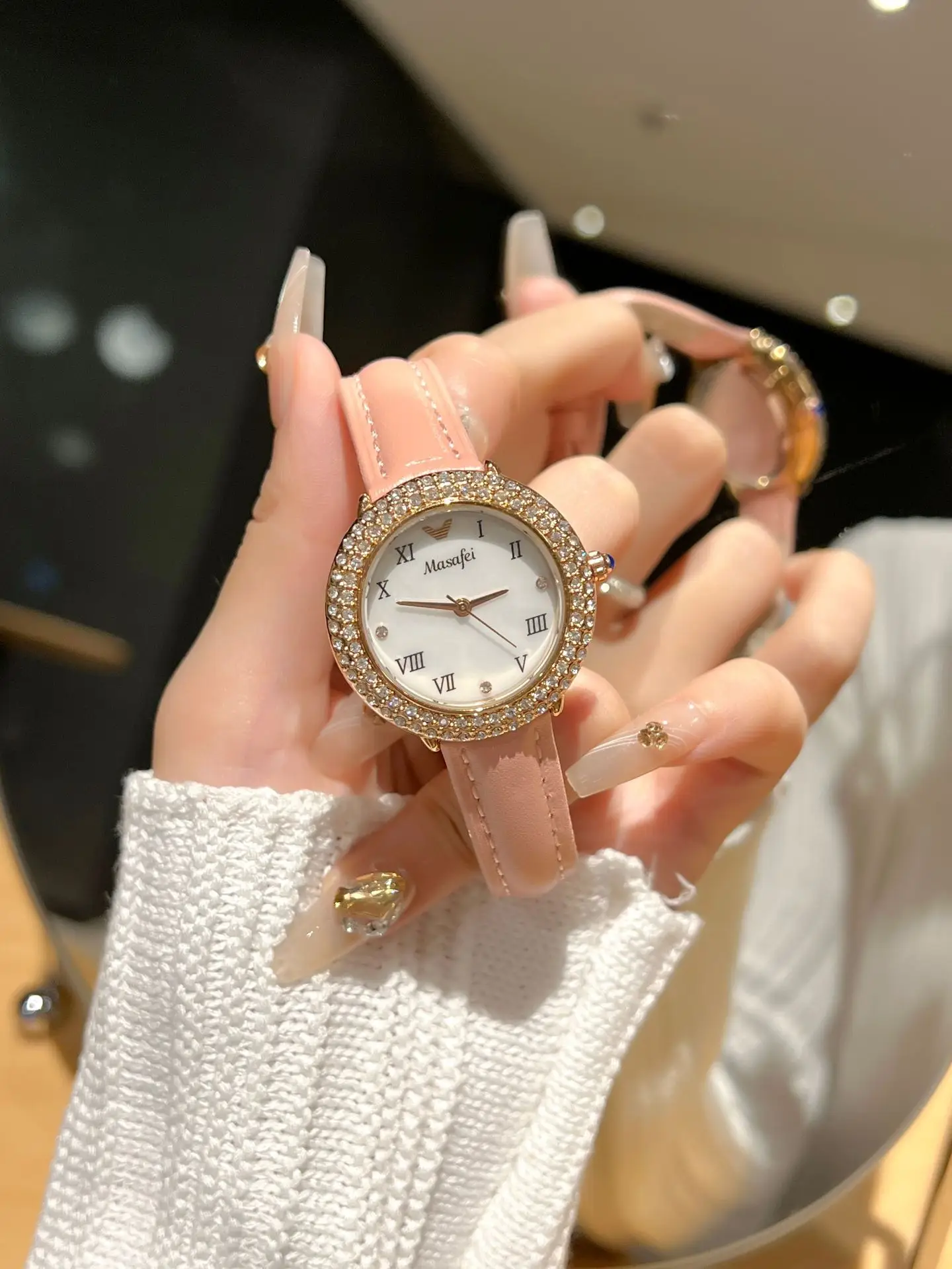 Women's Diamond-Encrusted Waterproof Watch with Black Leather Band — feature 1