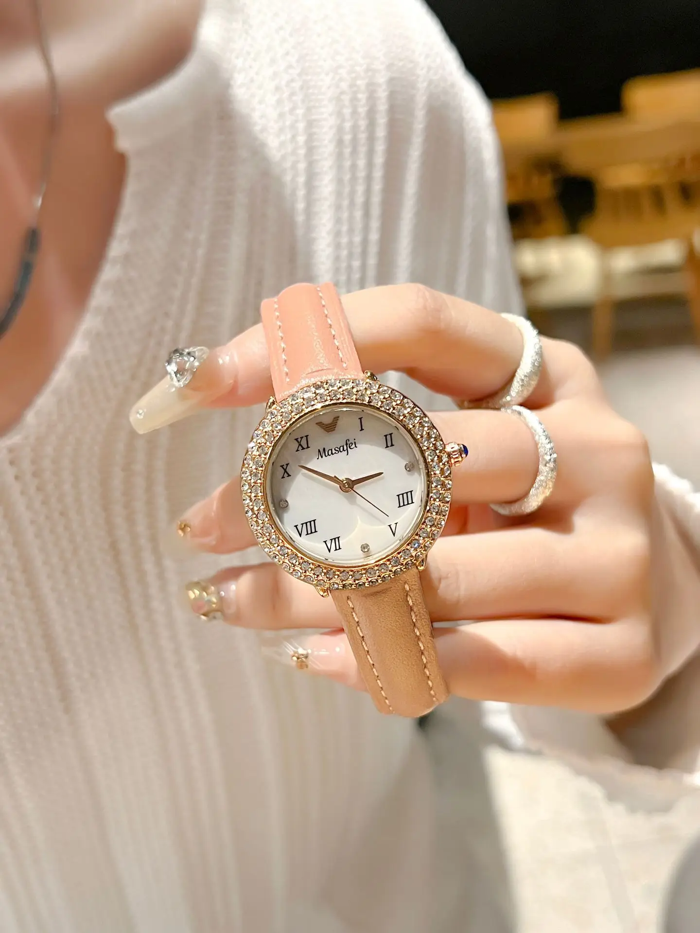 Women's Diamond-Encrusted Waterproof Watch with Black Leather Band — feature 2