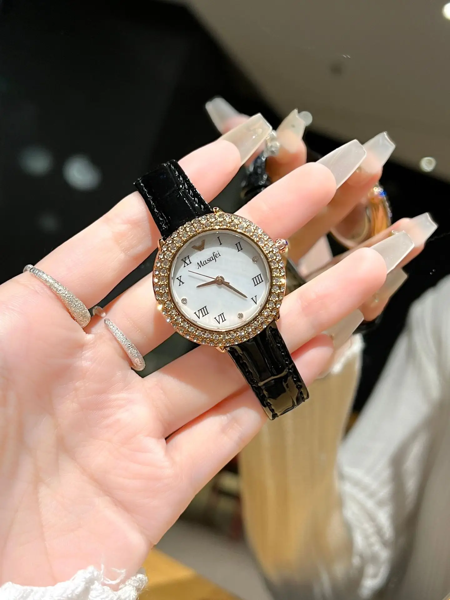 Women's Diamond-Encrusted Waterproof Watch with Black Leather Band — feature 3