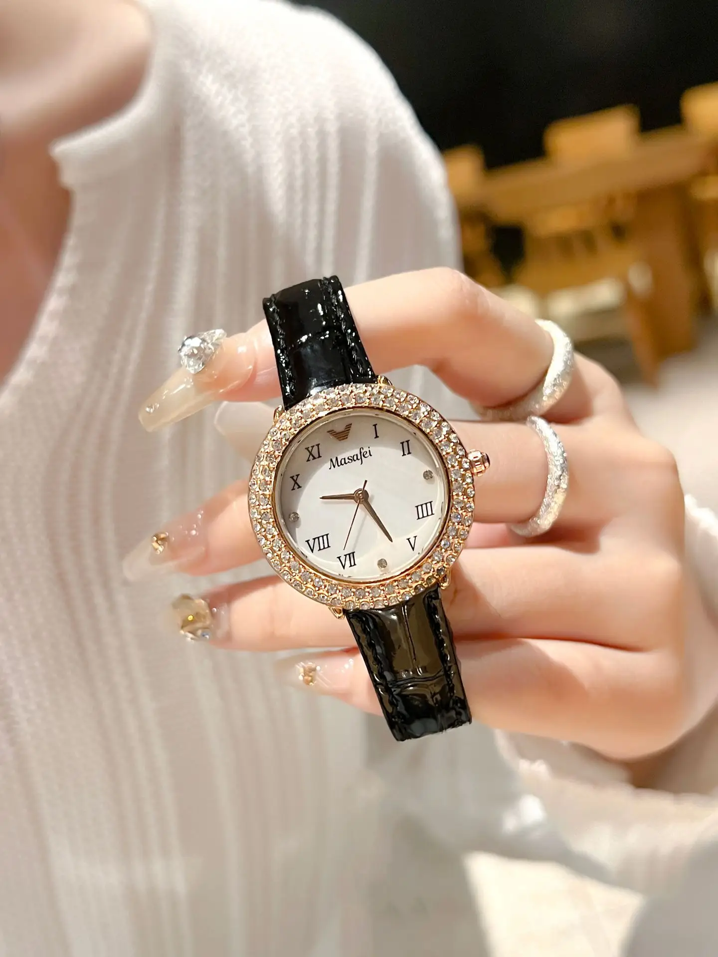 Women's Diamond-Encrusted Waterproof Watch with Black Leather Band — feature 4