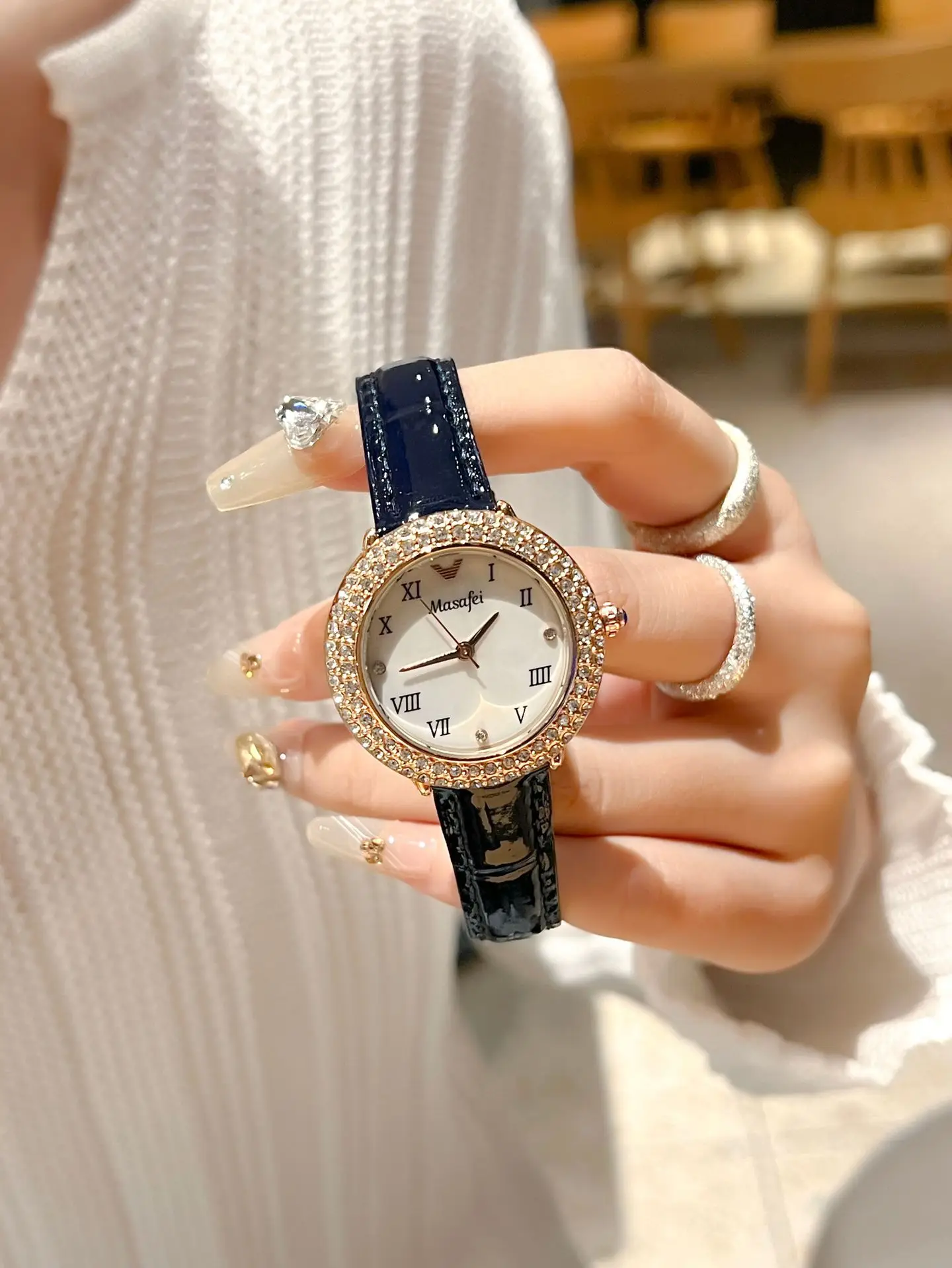Women's Diamond-Encrusted Waterproof Watch with Black Leather Band — feature 5