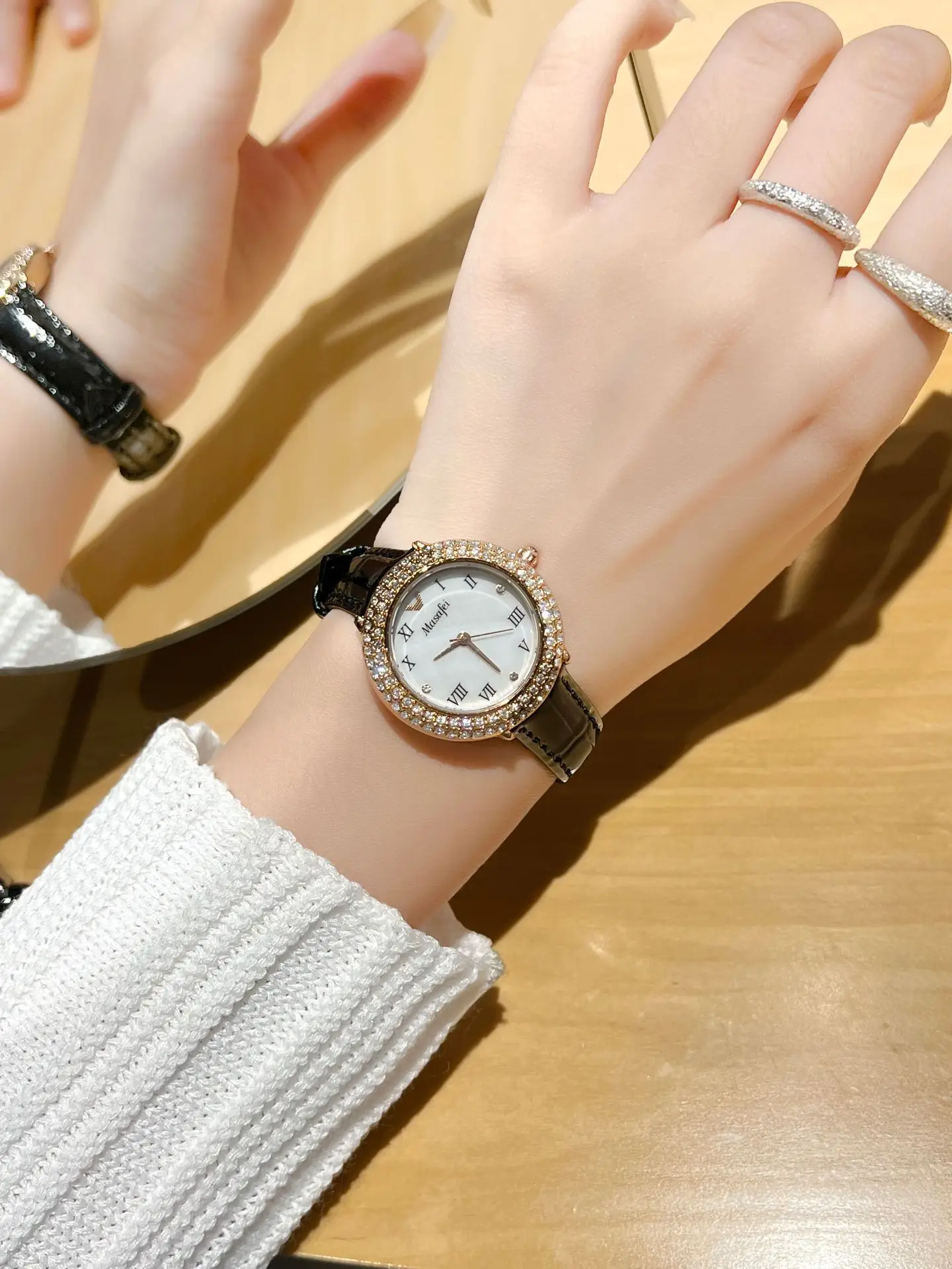 Women's Diamond-Encrusted Waterproof Watch with Black Leather Band — feature 6