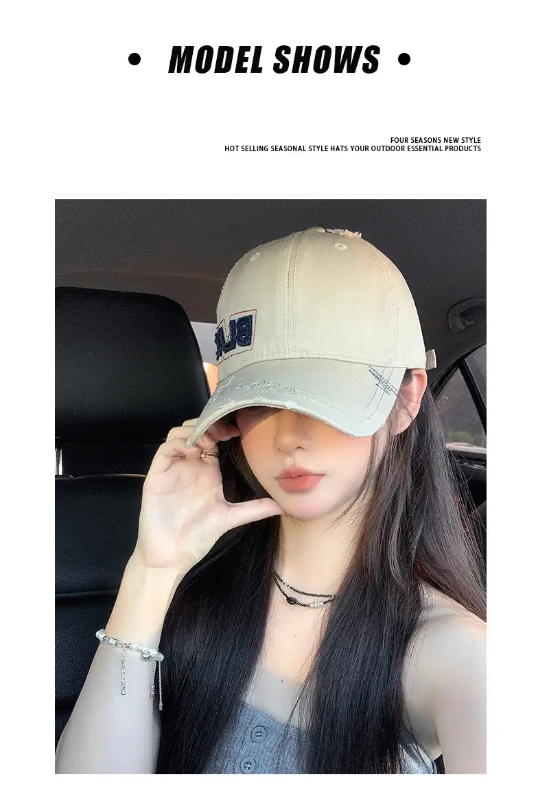 Women Red Distressed Hat with Side Letter "BMAC" — feature 3
